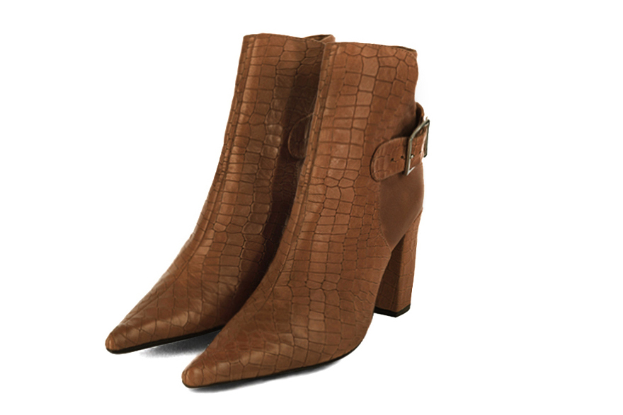 Caramel brown women's ankle boots with buckles at the back. Pointed toe. High block heels. Front view - Florence KOOIJMAN